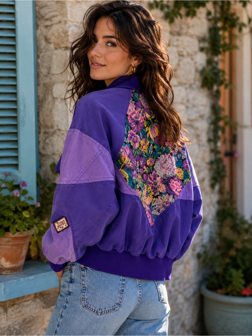 RARE 80s Vintage Bugle Boy Purple Colorblock Floral Tapestry Bomber Jacket